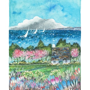May include: Watercolor painting of a coastal scene with a small cottage, sailboats, and colorful flowers. The sky is blue with a large cloud. The cottage has a brown roof and white walls. The artist's name is in the bottom right corner.