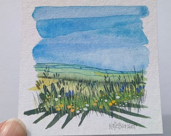 ORIGINAL MINIATURE - Buttercup Meadow - Technique mixte sur papier Hahnemühle - Sans cadre