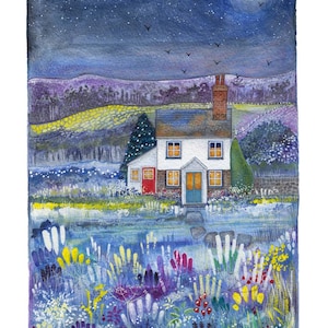 May include: Watercolor painting of a cottage at night. The white house has a red and blue door, with lit windows. A full moon and stars fill the night sky. Colorful flowers and plants are in the foreground.
