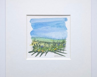 ORIGINAL MINIATURE - Buttercup Meadow - Mixed media on Hahnemuhle paper - Mounted