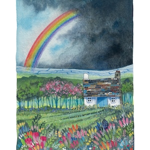 May include: Watercolor painting of a cottage with a rainbow. The cottage has a white facade, blue door, and a brick roof. A colorful rainbow arcs across a dark, stormy sky above a field of wildflowers.