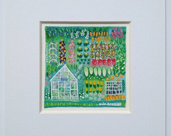 NEW Original Miniature - Allotment Plot 7 - Lucy and Hank's Sweet Peas - Mixed media on Hahnemuhle paper MOUNTED