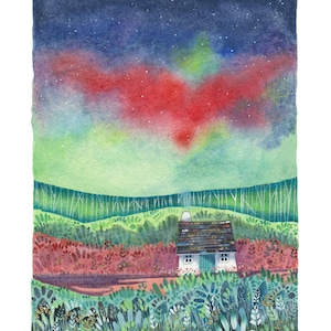 May include: A watercolor painting of a small white cottage with a green door and a red roof, nestled in a field of green and purple wildflowers. The cottage is silhouetted against a vibrant green and red aurora borealis in a dark blue night sky.