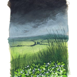 Peut inclure: Peinture à l'aquarelle d'un paysage avec un ciel sombre et orageux au-dessus d'un champ vert. De hautes herbes vertes et des fleurs blanches sont au premier plan. La peinture a un style artistique texturé.