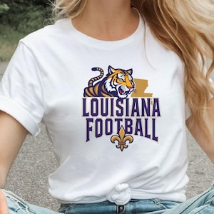 Louisiana Football T-Shirt | Tiger Mascot Purple & Gold Fleur de Lis Shirt | Louisiana Pride Game Day Tee LSU