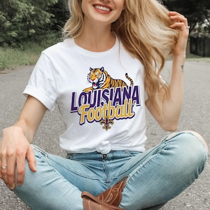 Louisiana Football T-Shirt | Tiger Mascot Purple & Gold Fleur de Lis Shirt | Louisiana Pride Game Day Tee LSU