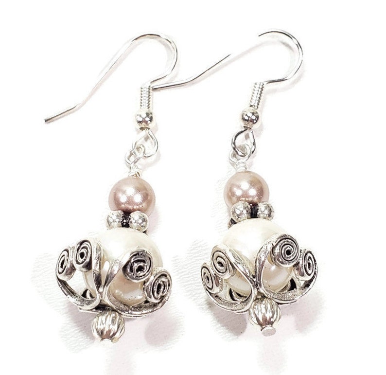 White and Rose Pearl Dangle Earrings