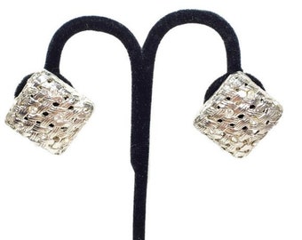 Vintage statement clip on earrings 1970s basket woven pattern large silver plastic