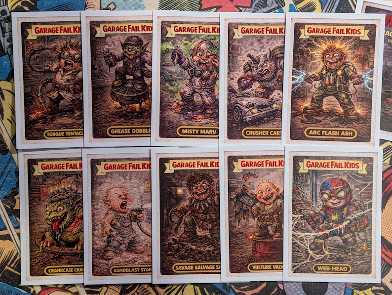 May include: A collection of vintage "Garage Fail Kids" trading cards. Each card features a grotesque cartoon character with a humorous name. The cards have a white border and a distressed, aged appearance, with titles like "Torque Tentacl" and "Grease Gobble".
