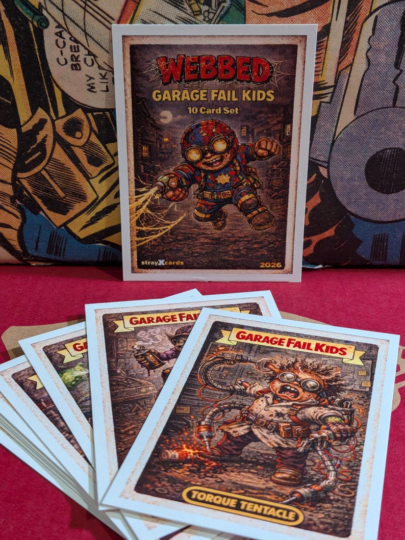 May include: A set of "Webbed Garage Fail Kids" trading cards. The top card features a cartoon character with goggles and a weapon. The cards have a vintage, distressed look. The text "10 Card Set" is visible.