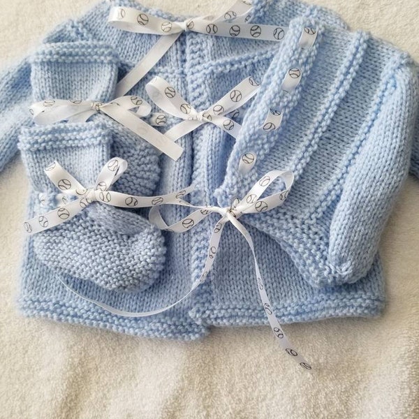 Blue Layette Set with Baseball Ribbon Ties