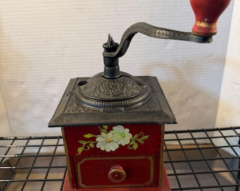Vintage Manual Coffee Grinder Hand Painted Floral Red Wood Cast Iron Crank Mill