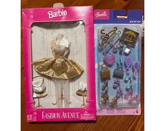 May include: Two Barbie doll accessory sets. One set includes a gold and white dress in a pink box with "Fashion Avenue" text. The other set includes miniature purses, shoes, and accessories in a blue package with "Bonanza" text.