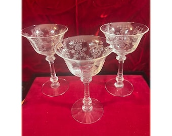 Vintage Fostoria Orchid Etched Crystal Champagne Coupe Glasses Set of 3 5.5"