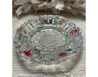 Vintage Glass Ashtray With Rose Design Red & Green Accents