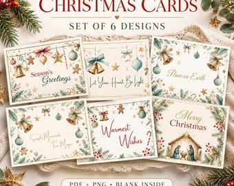 May include: A set of six printable Christmas cards featuring watercolor illustrations of bells, ornaments, stars, and a nativity scene. Text includes Season's Greetings, Let Your Heart Be Light, Peace on Earth, Simple Moments True Magic, Warmest Wishes, and Merry Christmas.