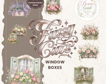 Könnte beinhalten: Eine digitale Sammlung von 10 transparenten PNG-Dateien mit Illustrationen von Blumenkästen, die mit verschiedenen Blumen wie Lavendel, Rosen und Tulpen gefüllt sind. Der Text lautet Fussy Cuts Window Boxes und Bonus Guide.