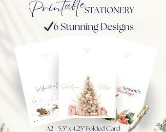 May include: Printable stationery featuring 6 stunning designs, including a Christmas tree with gifts and a sleigh. The text reads Printable Stationery, 6 Stunning Designs, Let Your Heart Be, Simple Moments, True Magic, Season's Greetings, and A2 - 5.5" x 4.25" Folded Card.