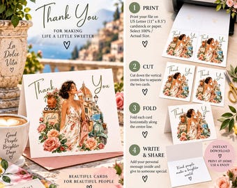 May include: A digital instruction sheet for printable greeting cards featuring a woman holding gelato, a scooter, and floral accents. The text reads: Print, Cut, Fold & Share, Thank You, and instructions for 11 x 8.5 inch US Letter cardstock.