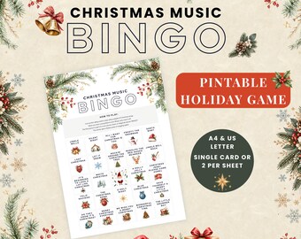 Christmas Music Bingo Printable Game, A4 & US Letter, PDF + PNG