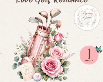 Floral Golf Bag Clipart | Pink Roses, Eucalyptus, Watercolor Illustration (Digital Download)
