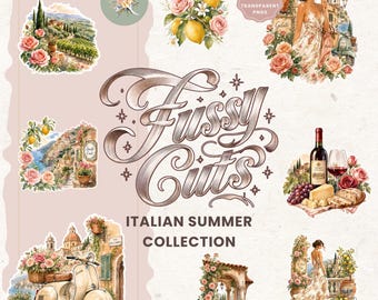 May include: A digital collection of 10 transparent PNG stickers titled Fussy Cuts Italian Summer Collection. The set features watercolor illustrations of Italian landscapes, lemons, roses, a scooter, wine, cheese, and figures in summer attire.