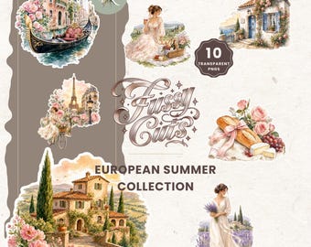 European Summer Fussy Cuts Clipart | Travel Journal Graphics (PDF, PNG)