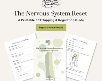 Könnte beinhalten: Ein druckbarer Leitfaden mit dem Titel "The Nervous System Reset" mit dem Text "A Printable EFT Tapping & Regulation Guide". Das Bild enthält eine Cover-Illustration einer Frau in grüner Hose und weißem Oberteil sowie weitere Seiten.