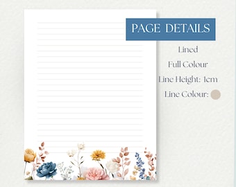Elegant Wildflower Writing Paper – Digital Stationery Set | Lined and Unlined PDF | Printable Letter & A4 | Instant Download