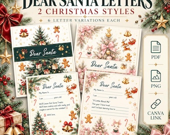 May include: A collection of Dear Santa letter templates featuring two distinct Christmas styles and six variations each. The designs include illustrations of Christmas trees, gingerbread men, reindeer, and bells, with text fields for children to fill out.