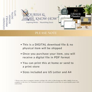 May include: Digital printable stationery and lifestyle planner. The image features the text "NOURISH & KNOW-HOW" and "365 Lifestyle Planner." The image also includes a laptop, tablets, and a coffee cup. The text "PLEASE NOTE" is also visible.