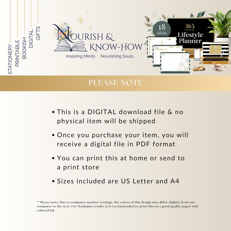 May include: Digital printable stationery and lifestyle planner. The image features the text "NOURISH & KNOW-HOW" and "365 Lifestyle Planner." The image also includes a laptop, tablets, and a coffee cup. The text "PLEASE NOTE" is also visible.