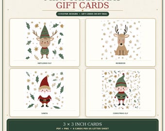 May include: A set of four mini Christmas gift cards featuring illustrations of an antlered elf, a reindeer, Santa, and a Christmas elf. The cards measure 3 by 3 inches and include festive patterns of holly leaves and gold stars.
