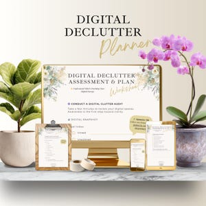 May include: A digital declutter planner with the text "Digital Declutter Assessment & Plan" and "Worksheet". The image includes a clipboard, a smartphone, and a tablet, all with the same design. A potted plant and an orchid are also in the image.