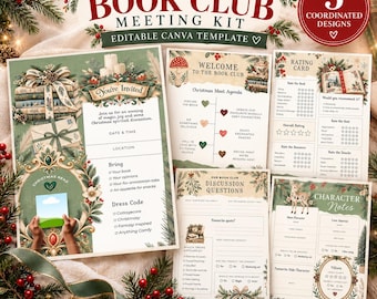 May include: A Christmas Book Club meeting kit featuring five coordinated designs as an editable Canva template. The set includes an invitation, meeting agenda, rating card, discussion questions, and character notes, all with festive illustrations.
