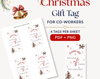 Printable Christmas Gift Tag for Coworkers, 4 per Sheet, PDF & PNG