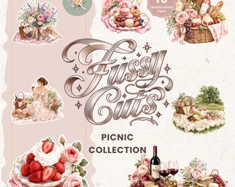 May include: A digital collection of 10 transparent PNG illustrations featuring picnic themes with floral arrangements, wicker baskets, wine bottles, glasses, strawberries with whipped cream, macarons, and assorted food platters, labeled FUSSY CUTS PICNIC COLLECTION.