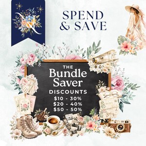 May include: A promotional graphic with the text "SPEND & SAVE" and "THE Bundle Saver DISCOUNTS". The image features a chalkboard with floral arrangements, a vintage airplane, a cup of coffee, and a woman in a dress.