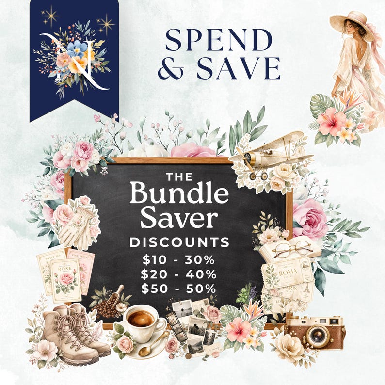 May include: A promotional graphic with the text "SPEND & SAVE" and "THE Bundle Saver DISCOUNTS". The image features a chalkboard with floral arrangements, a vintage airplane, a cup of coffee, and a woman in a dress.