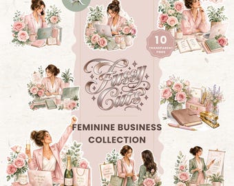 May include: A digital collection of 10 transparent PNG illustrations featuring women in business attire, office supplies, laptops, and floral arrangements. The set includes text reading Fussy Cuts Feminine Business Collection and 10 Transparent PNGs.