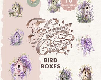 Bird Boxes Wisteria Lavender Clipart | Watercolor Fussy Cuts (PNG, PDF)