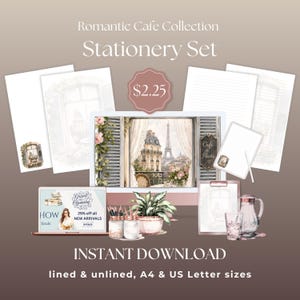 Romantiskt Paris Café-brevpappersset | Linjerat och olinjerat brevpapper (digital nedladdning)
