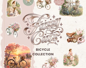 May include: A digital collection of 10 transparent PNG stickers featuring watercolor illustrations of bicycles with flower baskets, people riding bikes, and landscape scenes. The central text reads FUSSY CUTS BICYCLE COLLECTION.