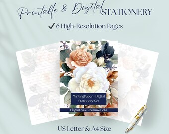 May include: Digital stationery set featuring floral designs in navy, cream, and gold. The set includes lined and blank pages, with the text "Printable & Digital STATIONERY" and "6 High-Resolution Pages". The set is available in US Letter and A4 sizes.