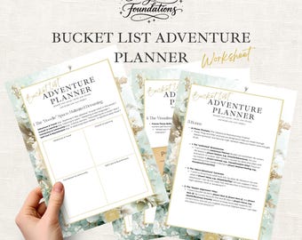 Może przedstawiać: Zestaw arkuszy roboczych "Bucket List Adventure Planner" z kwiatowym wzorem. Tekst zawiera "Daily Flow Foundations", "Bucket List Adventure Planner" i "Worksheet". Strony planera zawierają sekcje dotyczące przygód, rozwoju i dbania o siebie.
