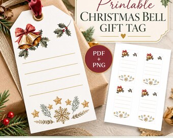 May include: A white rectangular gift tag with a red velvet ribbon, featuring a gold bell illustration with a red bow, holly leaves, gold stars, and a snowflake. The tag includes four horizontal lines for writing and text reading Printable CHRISTMAS BELL GIFT TAG.