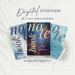 May include: Digital stationery with three notebooks featuring watercolor designs. The notebooks have the words "note book" on the covers, with the text "thoughts, notes, brain dumps" below. A white stylus is also present. The text "Digital Stationery" and "Designed for Digital Use" are also visible.