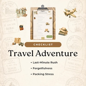 May include: A travel-themed graphic with a checklist, stamps, and illustrations. The words "Travel Adventure" are prominently displayed. The checklist is held by a clipboard, and the image includes travel-related icons like a plane, suitcase, and hat.