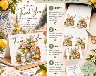 May include: A digital printable greeting card set featuring a lemon and floral bouquet illustration with the text Thank You. Includes instructions to print, cut, fold, and share on US Letter 11 by 8.5 inch paper, plus a note that kind people make a brighter world.