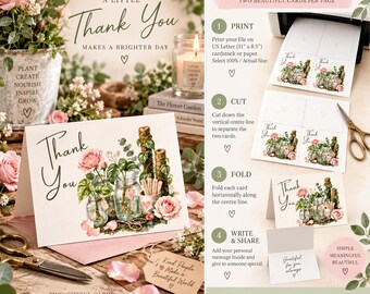 May include: A printable greeting card set featuring a watercolor illustration of pink roses and green plants in glass jars. The text reads A LITTLE THANK YOU MAKES A BRIGHTER DAY and THANK YOU. Instructions include PRINT, CUT, FOLD & SHARE on US Letter 11 x 8.5 inch paper.